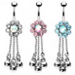 Jeweled flower navel ring with dangling chains and balls