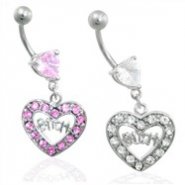 Jeweled heart belly ring with dangling heart and "BITCH"