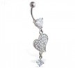 Jeweled heart belly ring with dangling heart and gem