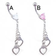 Jeweled heart belly ring with dangling heart handcuffs