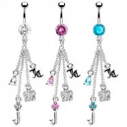 Jeweled navel ring with dangling chains and charms