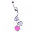 Jeweled navel ring with dangling heart and gem charms