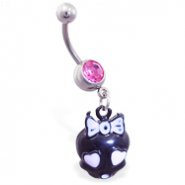 Jeweled navel ring with dangling pink and black girly skull
