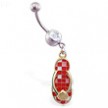 Jeweled navel ring with dangling red checkered flipflop with shell