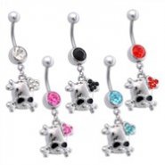 Jeweled Navel Ring with Dangling Skull with Jeweled Heart