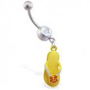 Jeweled navel ring with dangling yellow flipflop with flower