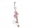 Jeweled navel ring with jeweled butterfly and dangling pink cz's