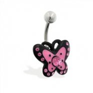 Jeweled pink and black butterfly belly ring