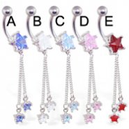 Jeweled star navel ring with dangling chains and stars