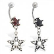 Jeweled star navel ring with dangling pentacle star