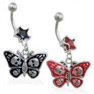 Jeweled star navel ring with dangling skull butterfly