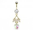 Leaf with CZ And Round Prism Dangle Gold Tone Navel Ring