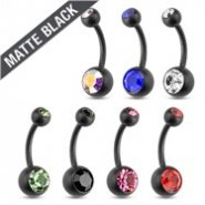 Matte Black Surgical Steel Navel Ring With Double Jewels