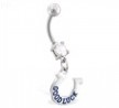 Navel ring with dangling "GOOD LUCK" horseshoe