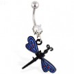 Navel ring with dangling black and blue dragonfly