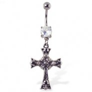 Navel ring with dangling cross with skulls