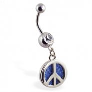 Navel ring with dangling denim peace sign