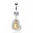 Navel ring with dangling gold colored heart and jeweled heart