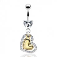Navel ring with dangling gold colored heart and jeweled heart