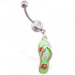 Navel ring with dangling green flipflop with flowers