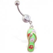 Navel ring with dangling green flipflop with flowers