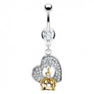Navel ring with dangling heart and Gold Tone crown
