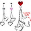 Navel ring with dangling heart locking cuffs
