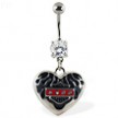 Navel ring with dangling heart with motorcyle logo