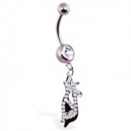 Navel ring with dangling jeweled cat and steel cat back