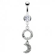 Navel ring with dangling jeweled circle and moon