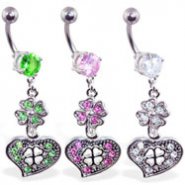 Navel ring with dangling jeweled clover and heart