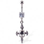 Navel ring with dangling jeweled cross with skull