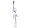 Navel ring with dangling jeweled flower and crystal