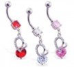 Navel ring with dangling jeweled heart and CZ