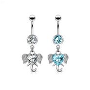 Navel Ring With Dangling Jeweled Heart Elephant