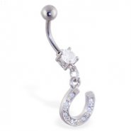 Navel ring with dangling jeweled horseshoe