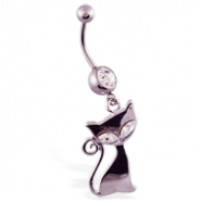 Navel ring with dangling jeweled steel cat
