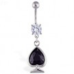 Navel ring with dangling large black jeweled spade