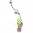 Navel ring with dangling light blue flipflop with flowers