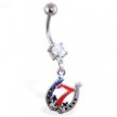 Navel ring with dangling lucky "7" horseshoe