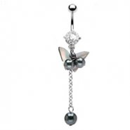 Navel ring with dangling mother of pearl butterfly and beads