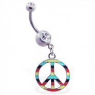 Navel ring with dangling multi-colored peace sign