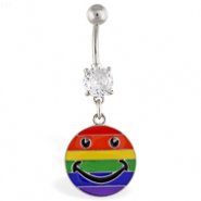 Navel ring with dangling rainbow smiley face