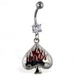 Navel ring with dangling spade with flames