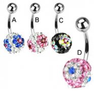 Navel ring with jeweled paved multi-color flower balls