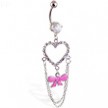 Navel ring with large dangling jeweled heart and bow with chains