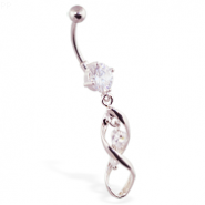 Navel ring with twisted dangle and jeweled hearts