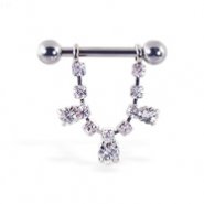 Nipple ring with dangling jeweled chain, 12 ga or 14 ga