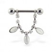 Nipple ring with dangling jeweled chain and catseye, 12 ga or 14 ga