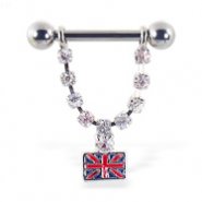 Nipple ring with dangling jeweled chain with british flag, 12 ga or 14 ga